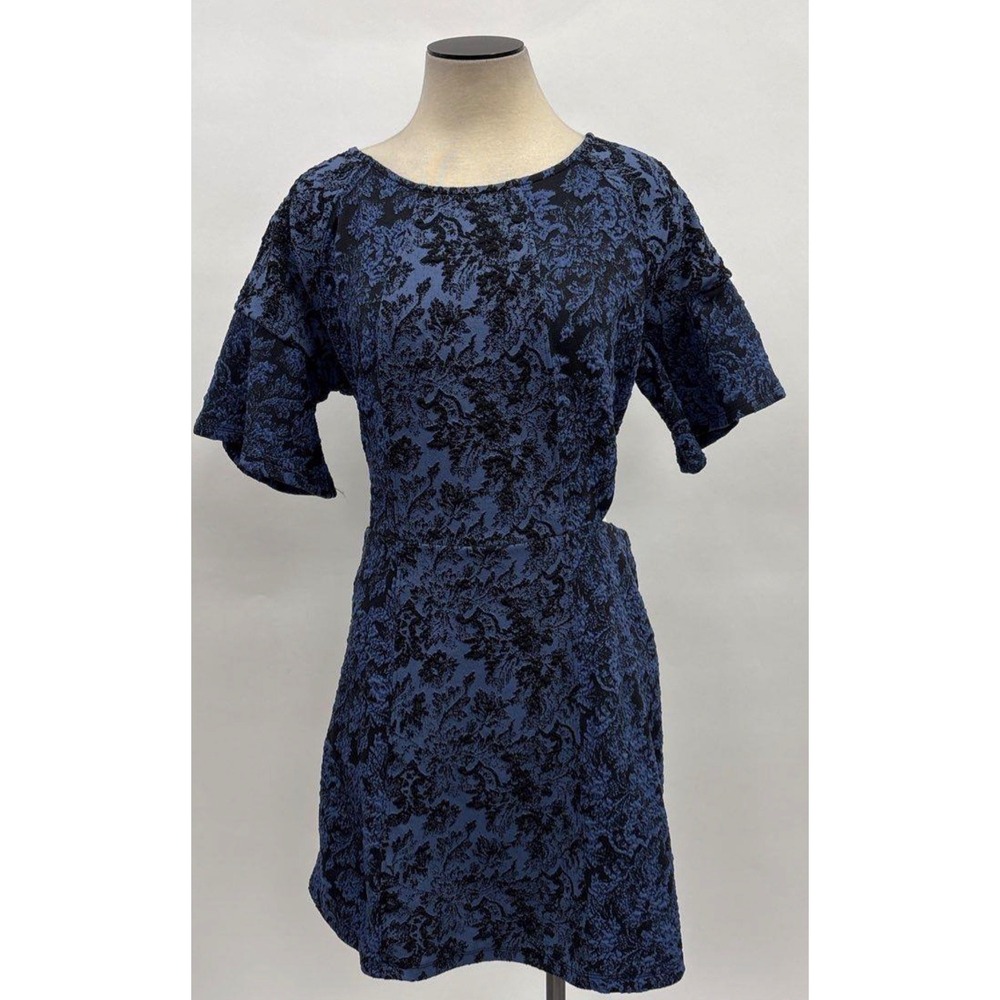 Anthropologie Chic Blue Black Floral Brocade Cutout Mini Dress Short Sleeve Sz14